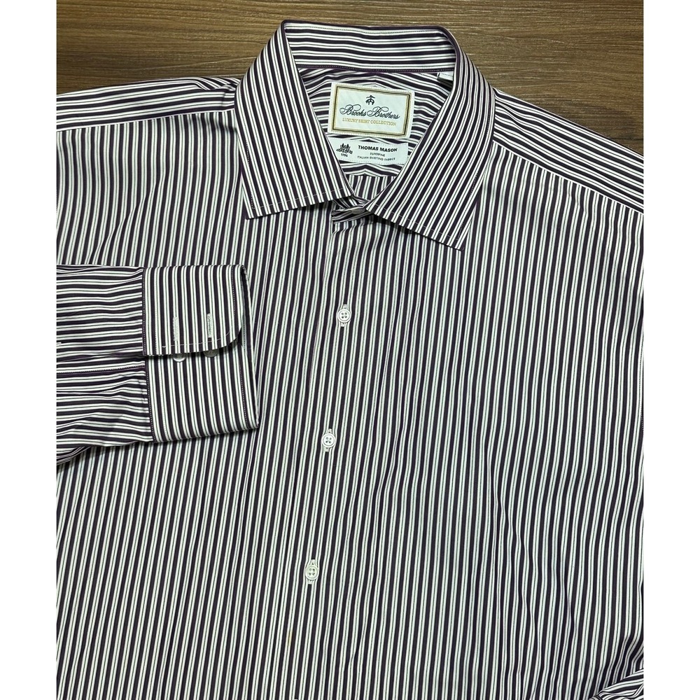Brooks Brothers Luxury Shirt Thomas Mason Purple Stripe Regent Fit Sz 17.5/35